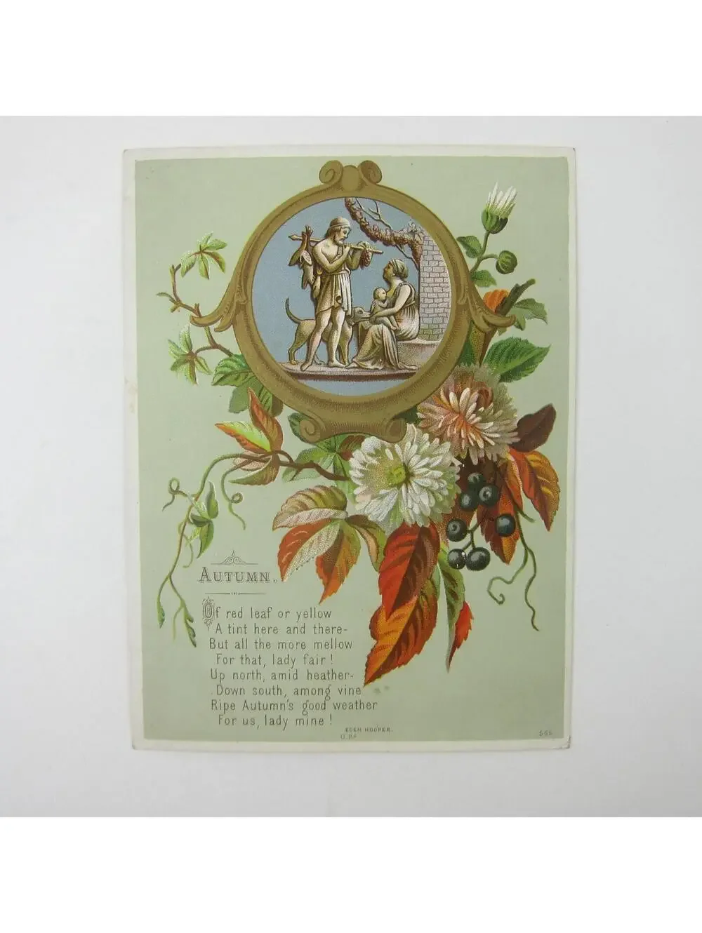 Victorian Greeting Card Autumn Fall Flowers Roman Man Woman Child Dog Antique